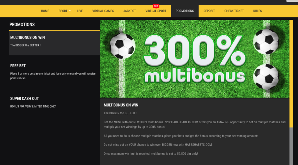 Screenshot of Habesha Bet's promotions section, highlighting current betting offers and bonuses, presented in an attractive layout with detailed information on each promotion for easy user understanding