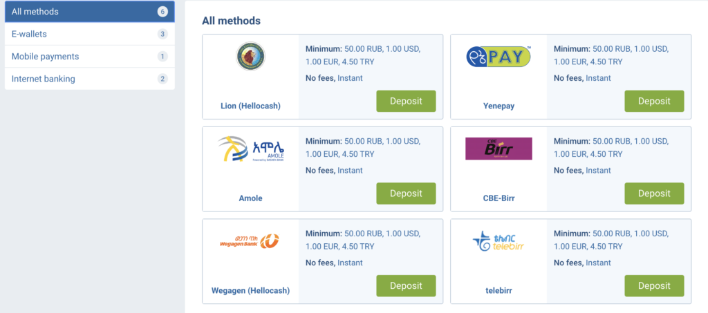 Screenshot showcasing the payment methods section of 1xbet, displaying a range of available options for deposits and withdrawals, such as credit cards, e-wallets, and bank transfers, arranged in a clear and informative layout
