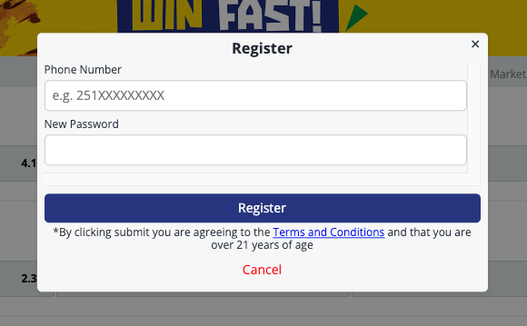 Screenshot of Betika's registration page, featuring a simple sign-up form with fields for personal details, account setup, and acceptance of terms, arranged in an intuitive and easy-to-navigate layout.