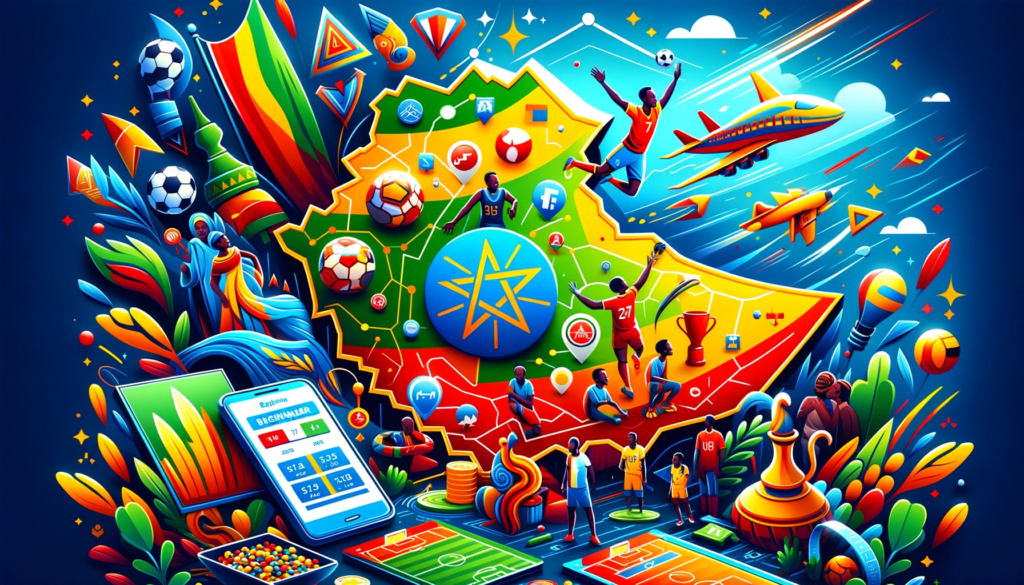 Colorful illustration of Ethiopia's map with sports symbols, a traditional scene, and digital betting elements, representing Ethiopian sports betting culture