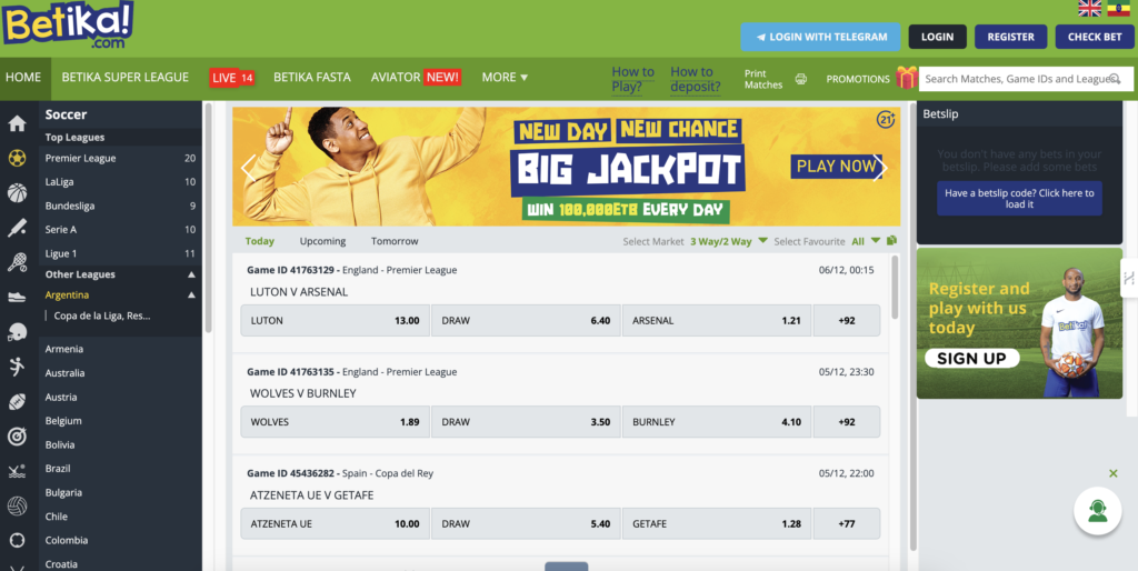 Screenshot of Betika's homepage, highlighting their sports betting interface with a variety of sports categories, live betting options, and current promotions, presented in a vibrant and user-friendly design