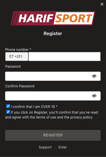 Screenshot showing the registration field on Harif Sport's website. The form features input fields for essential details such as phone number and password creation. 