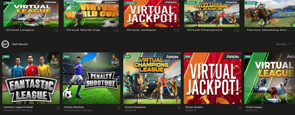 "Screenshot showcasing the range of virtual games available for betting on Harif Sport's website. The image features a selection of virtual sports, including football, basketball, tennis, and horse racing