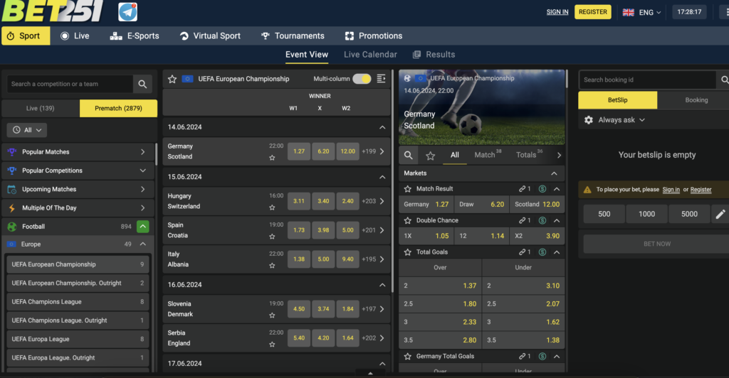 Screenshot of Bet251's sports betting page. The top navigation bar includes options for sports, live betting, virtual sports, and promotions. The left side of the page displays a menu of various sports with icons representing each sport, such as a soccer ball for football and a basketball for basketball. The central section of the page highlights live and upcoming sports events with betting odds, while the right side shows the bet slip. The footer contains additional links and information about Bet251