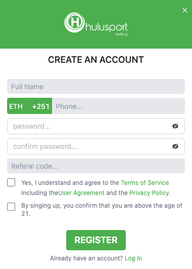 Screenshot showing the registration field on Hulu Sport Betting's website, featuring form fields for entering personal details such as full name, phone number, and password, with a 'Register' button at the bottom