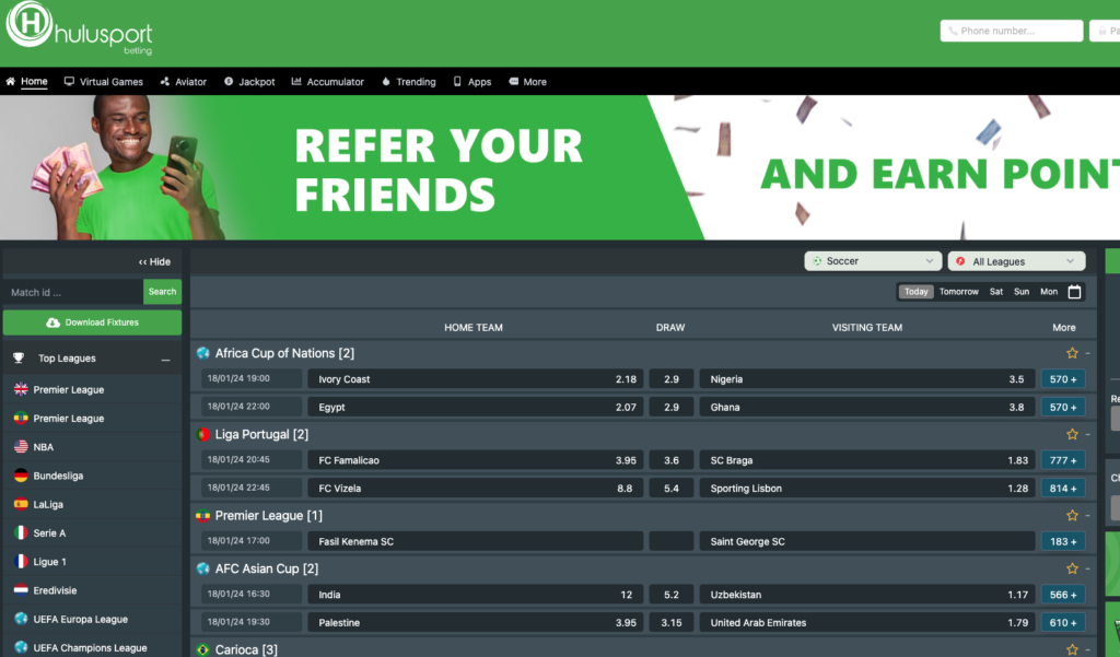 Screenshot of homepage of Hulu Sport Betting featuring navigation bar, promotional banners, sports categories list, live betting options, bet slip, and links to terms and contact details