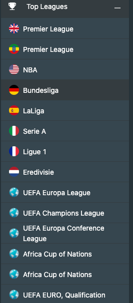 Screenshot displaying various sports leagues available for betting on Hulu Sport Betting's website
