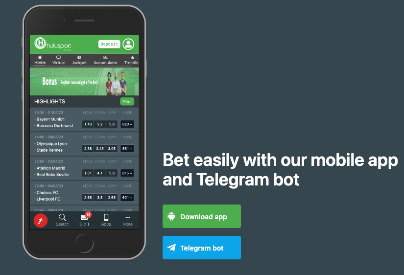 Screenshot highlighting Hulu Sport Betting's website with sections showing the Android mobile app download option and the Telegram bot feature for betting assistance
