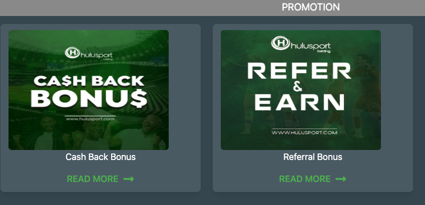 Screenshot showcasing promotional offers on Hulu Sport Betting's website, featuring details of a cashback bonus for multiple bets and a referral bonus program