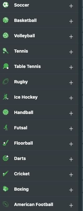 Screenshot displaying various sports available for betting on Hulu Sport Betting's website, with a list of sports events organized by categories such as football, basketball, and tennis