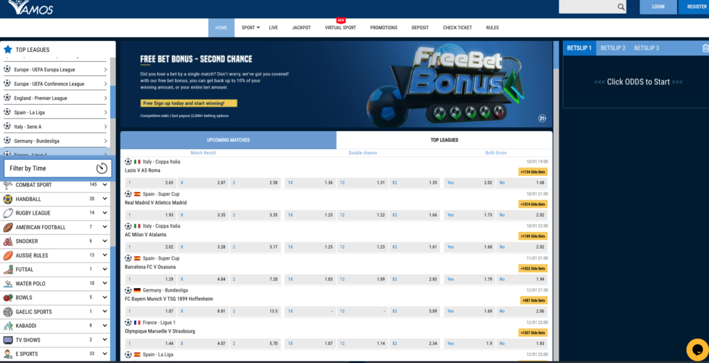 Vamos Bet homepage screenshot: top section with logo and login, navigation menu for betting categories, main area with sports and casino highlights, and footer with essential links