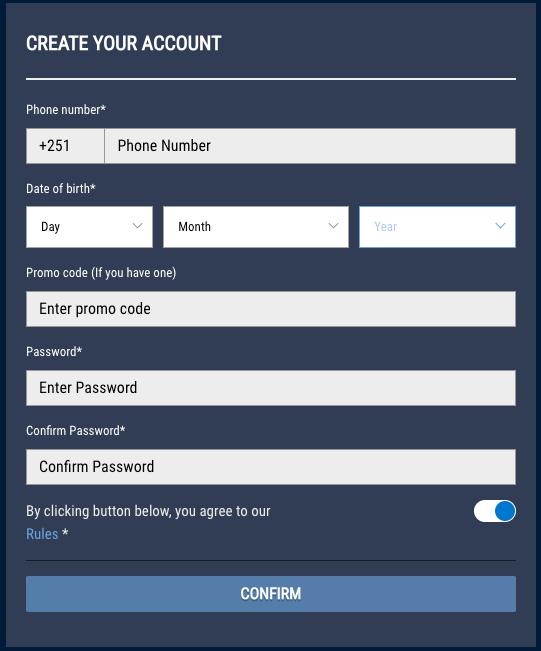 Screenshot of Vamos Bet registration form, displaying fields for phone number, birth date, and password. Includes a 'Confirm' button and links to terms and privacy policy